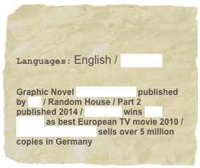 


Languages: English / German


Graphic Novel Lucas & Skotti published by cbj / Random House / Part 2 published 2014 / Ceasefire wins Prix Europa as best European TV movie 2010 / Diary of a Wimpy Kid sells over 5 million copies in Germany
